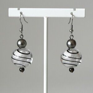 Lampwork Clear Glass Bead with Black Swirls Pierced Earrings